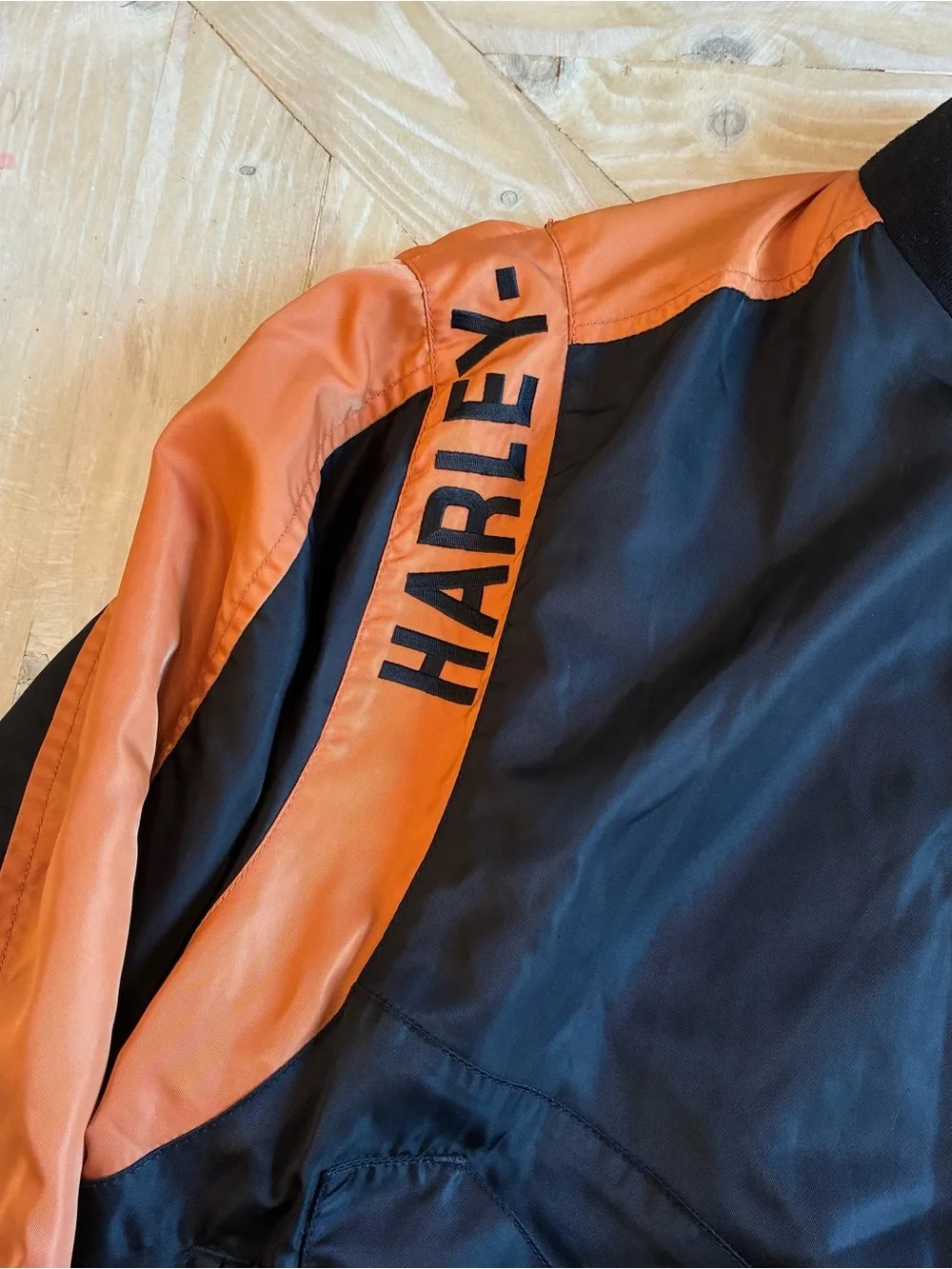 Harley-Davidson Black and Orange Varsity-Style Bomber